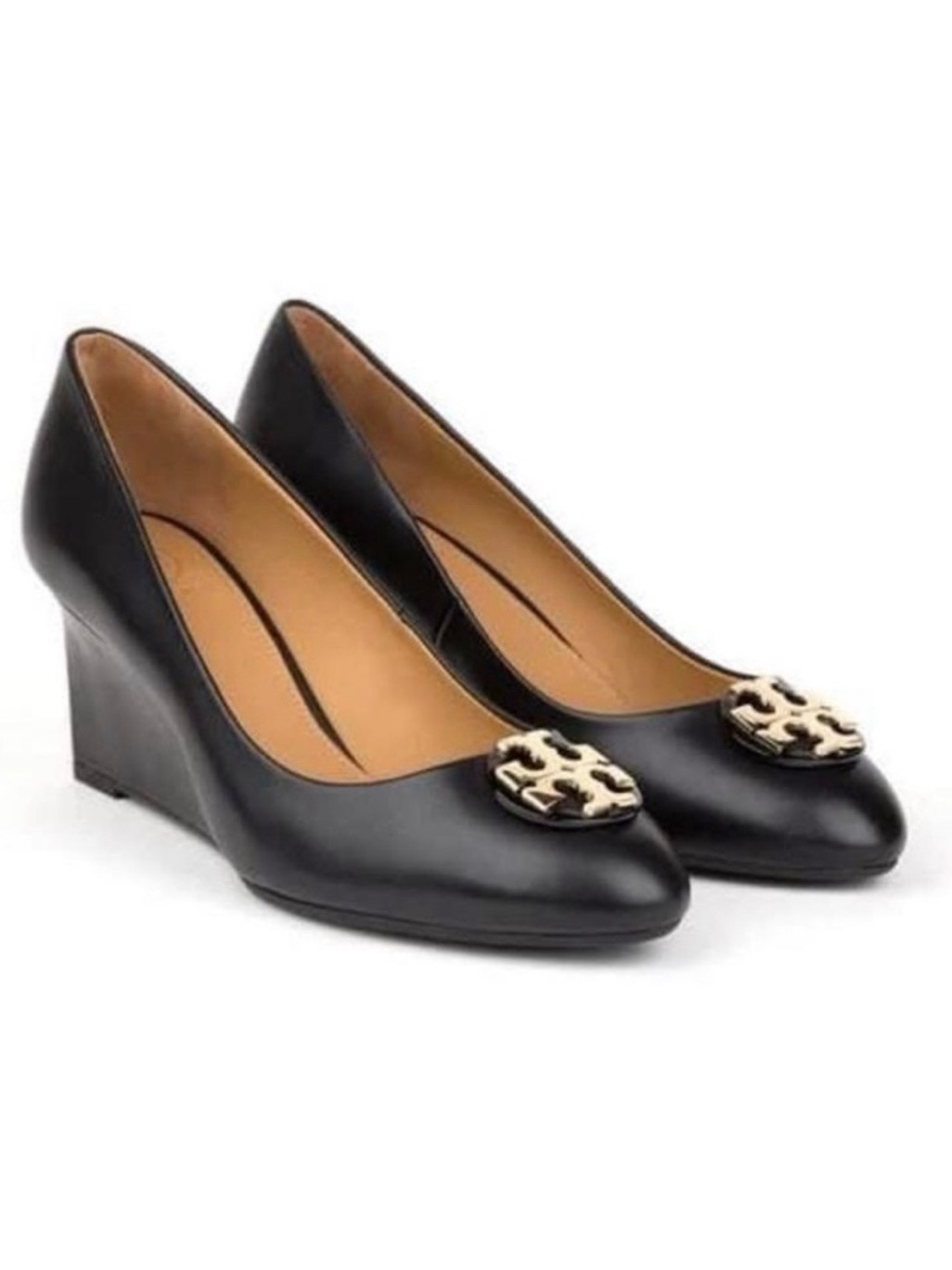 Tory Burch Janey Black Leather Wedge Pumps, Sz 6